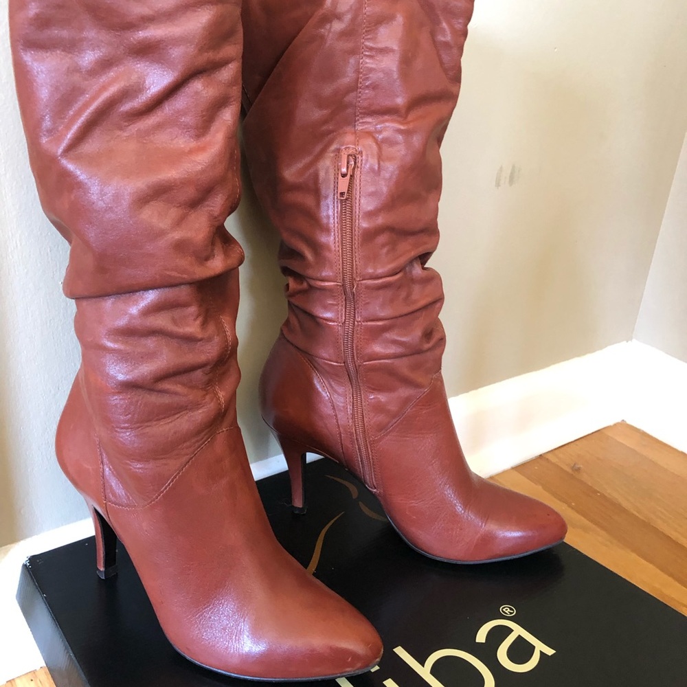 Pumpkin leather high heeled boots